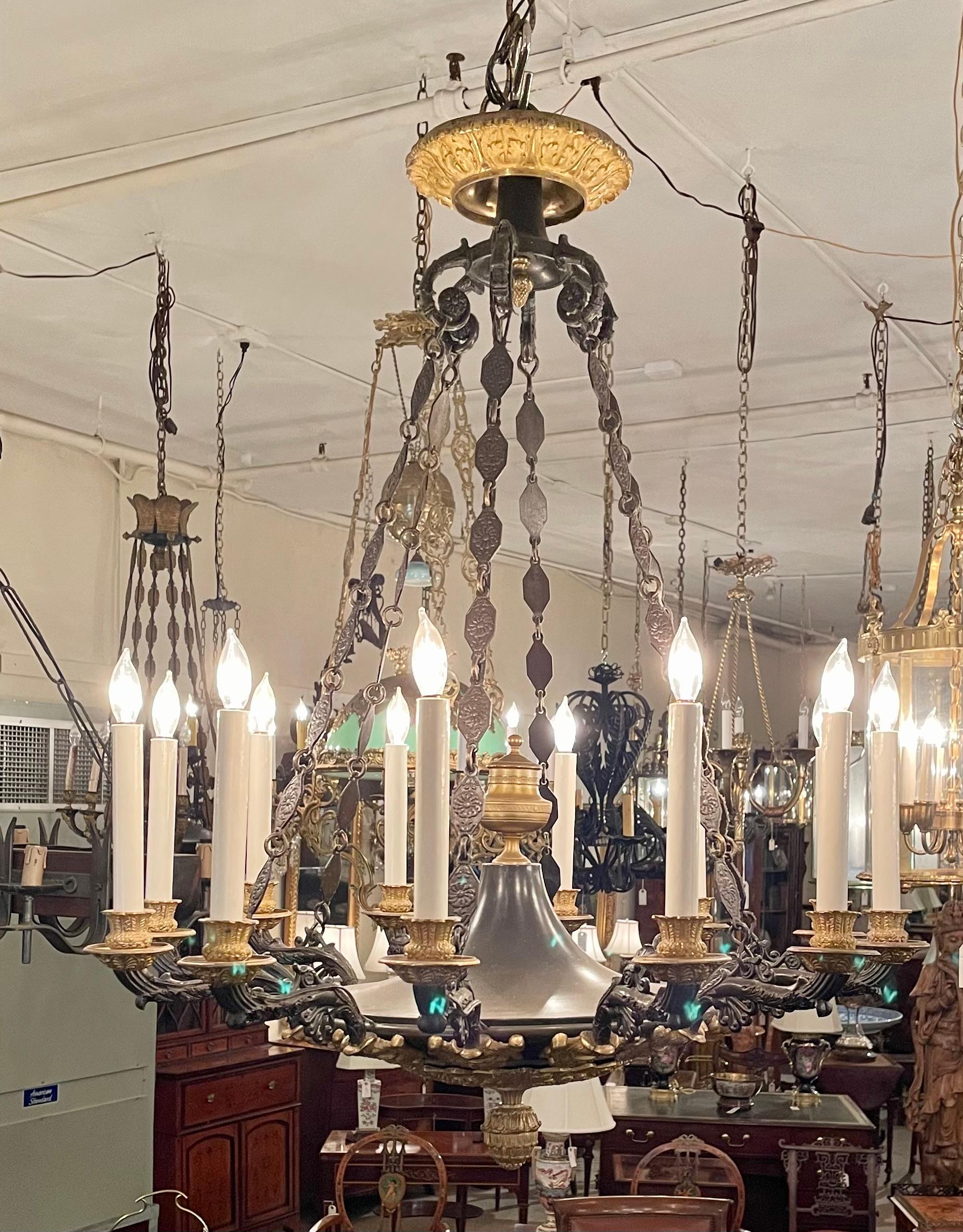 Antique French Empire Ormolu & Patinated Bronze 12 Light Chandelier, Circa 1890. For Sale 6