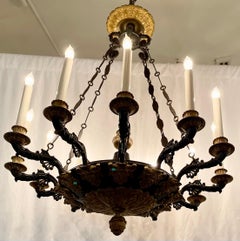 Antique French Empire Ormolu & Patinated Bronze 12 Light Chandelier, Circa 1890.