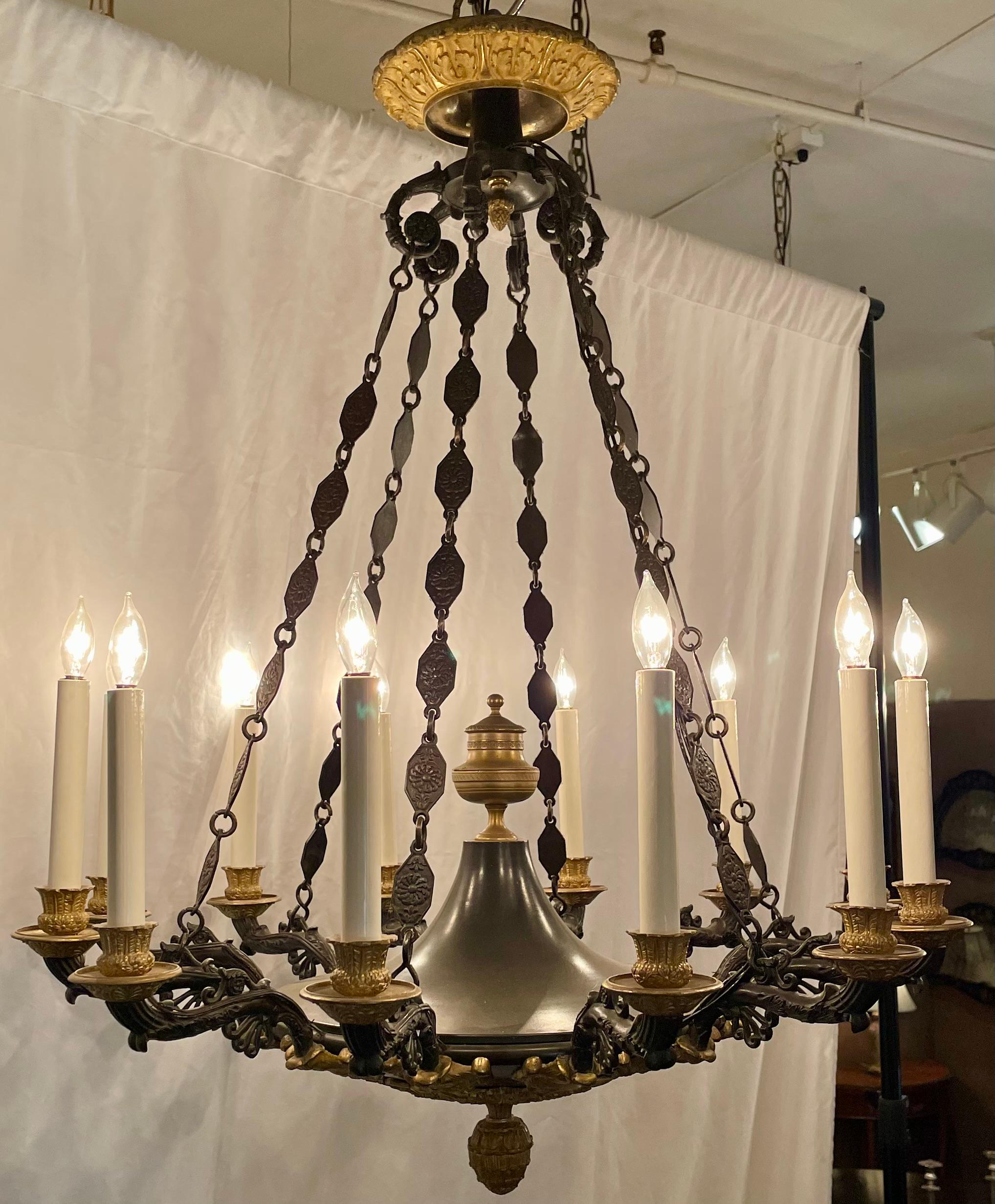 Antique French Empire Ormolu & Patinated Bronze 12 Light Chandelier, Circa 1890. For Sale 5