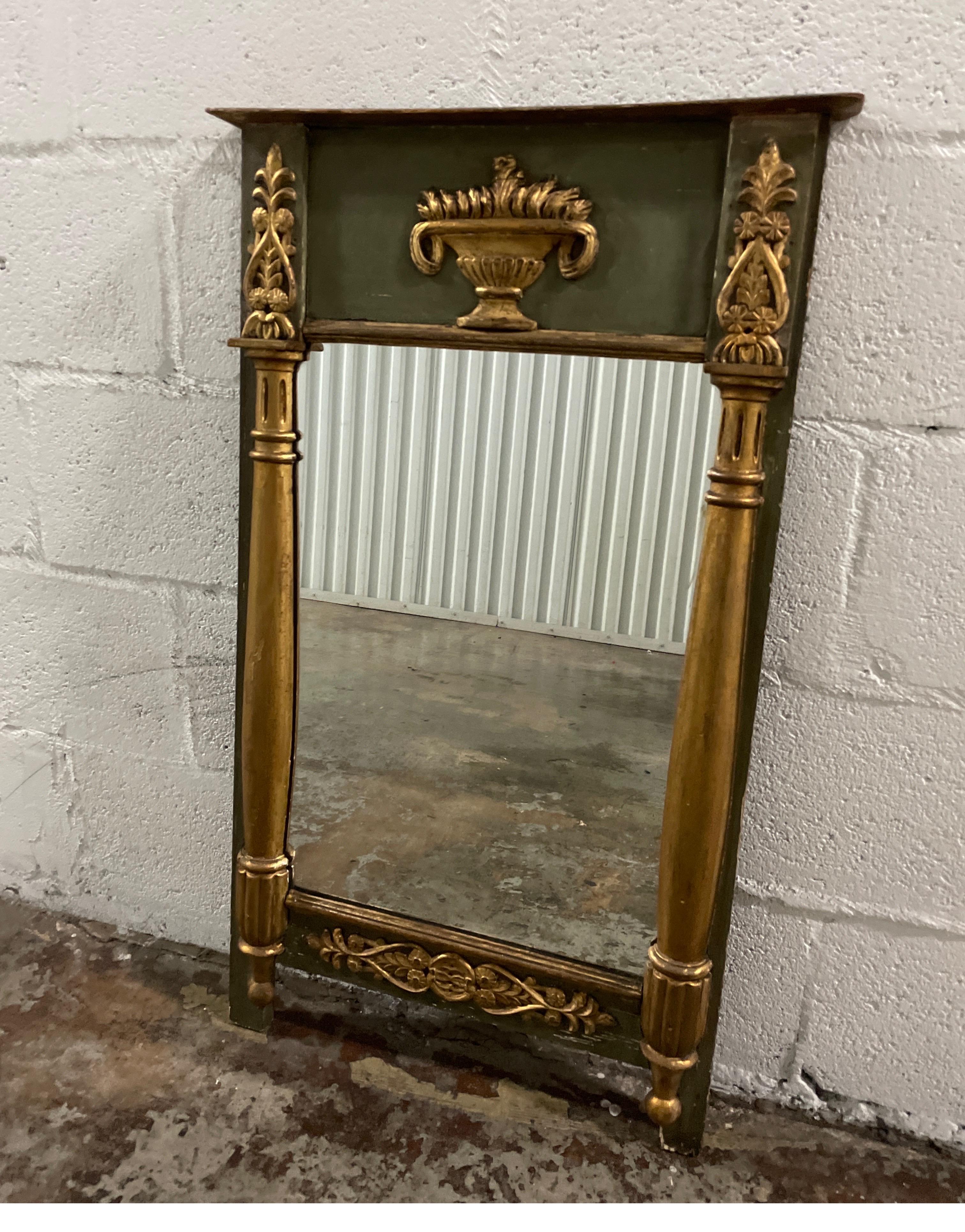 Carved & gilded French Empire mirror with original green painted finish.