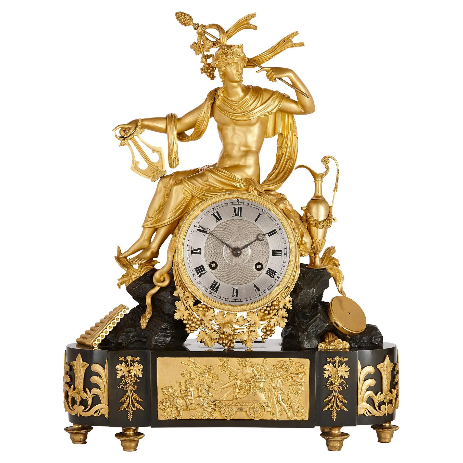 Antique French Empire Patinated and Gilt Bronze Mantel Clock For Sale