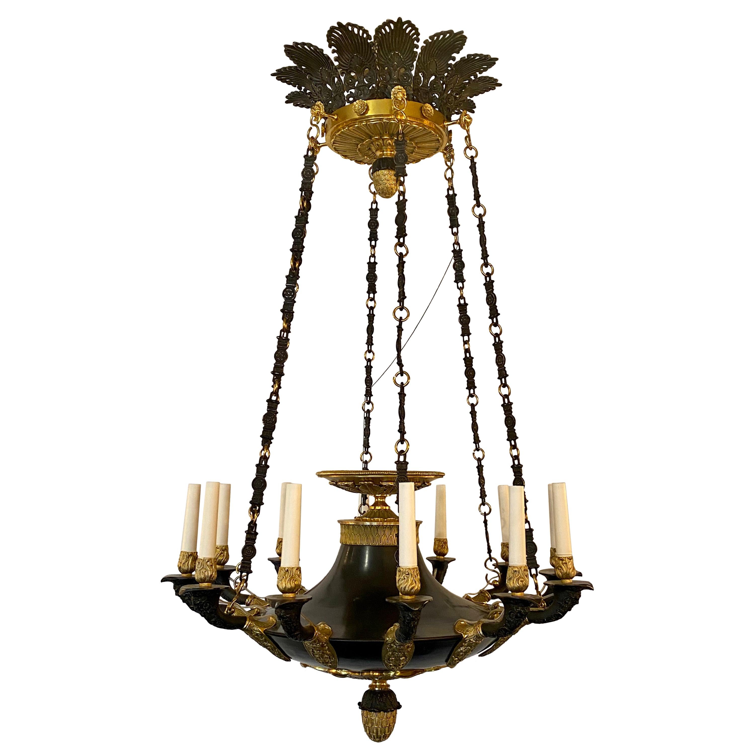 Antique French Empire Patinated Bronze and Bronze D'Ore Chandelier, circa 1880 For Sale