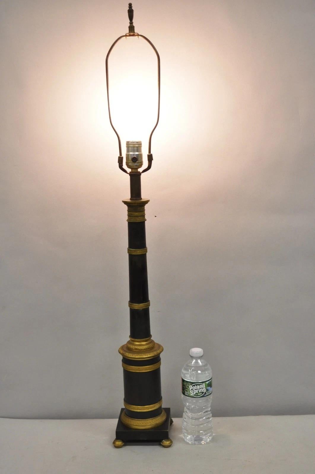 Antique French Empire Austrian Patinated Bronze Candlestick Column Bouillotte Table Lamp. Circa Early 20th Century. Measurements: 35.5