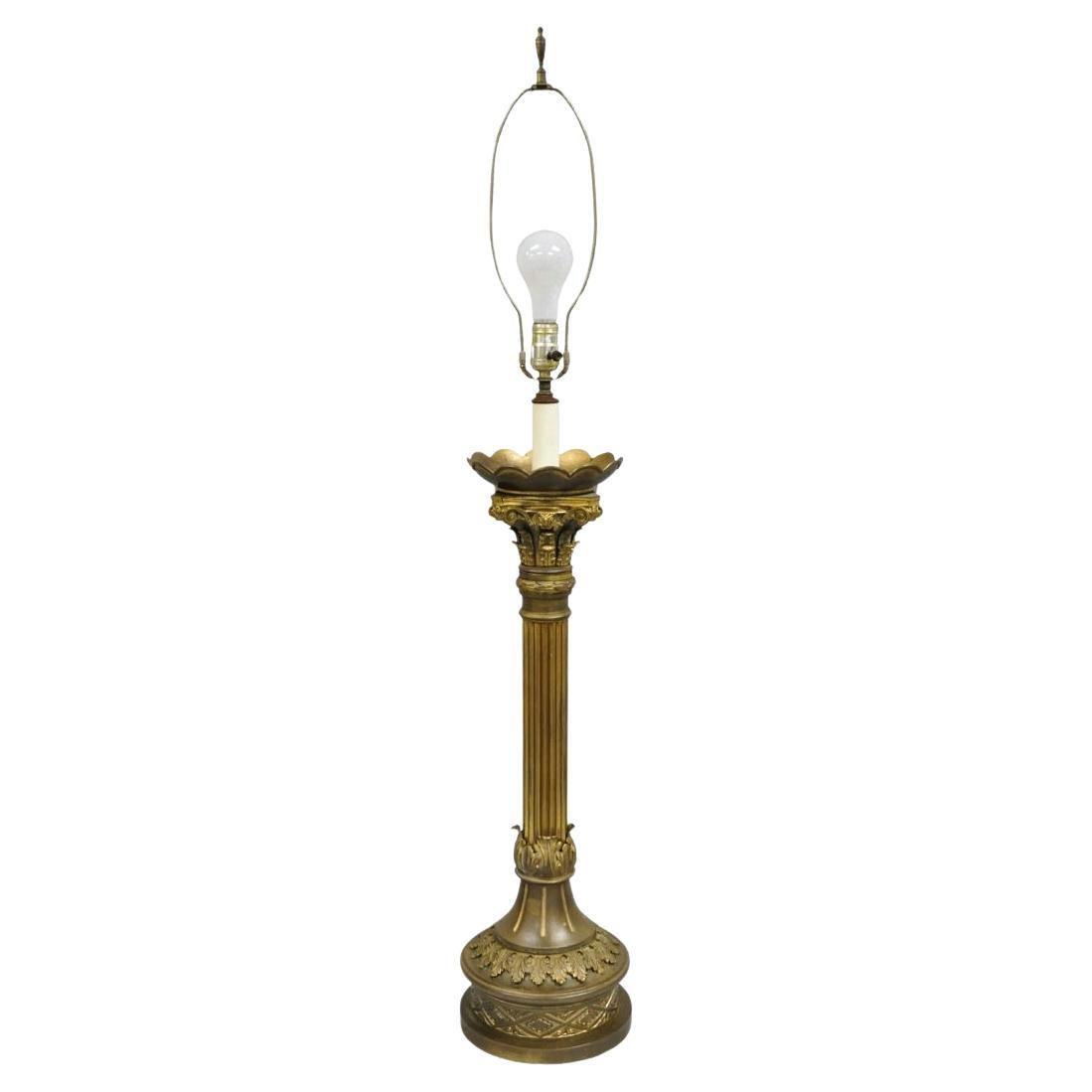 Antique French Empire Patinated Bronze Corinthian Column Candlestick Table Lamp