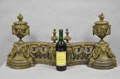 Antique French Empire Patinated Bronze Lion Flame Urn Chenet Andirons - a Pair