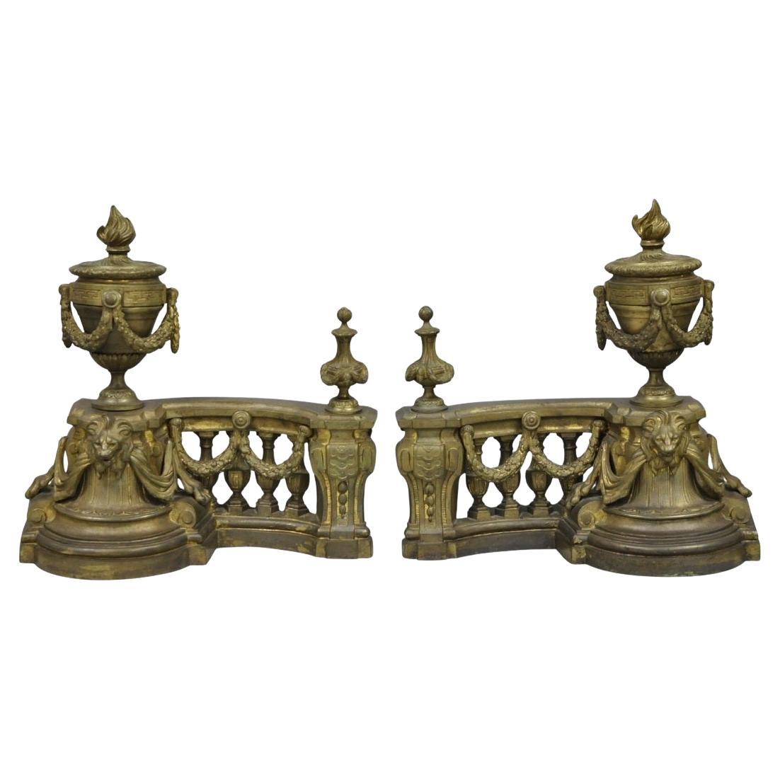 Antique French Empire Patinated Bronze Lion Flame Urn Chenet Andirons - a Pair in vendita