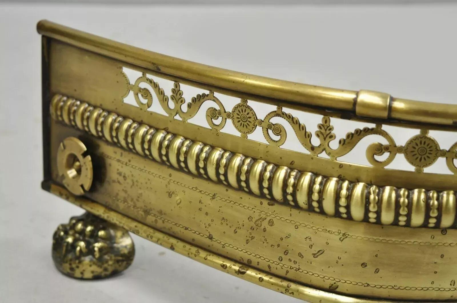 Antique French Empire Paw Foot Brass Pierced Decorated Fireplace Mantle Fender For Sale 4
