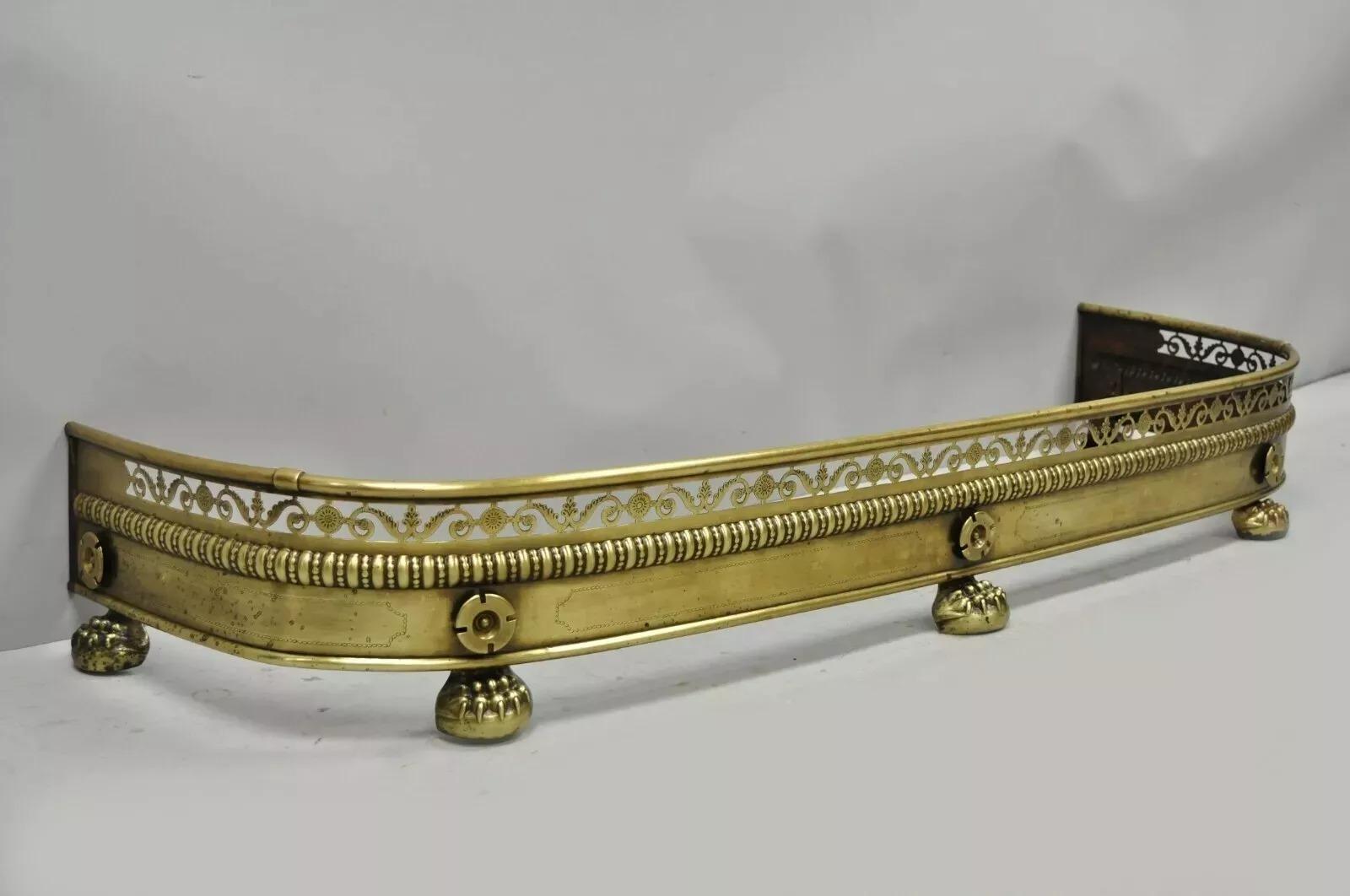 Antique French Empire Paw Foot Brass Pierced Decorated Fireplace Mantle Fender. Circa Late 19th Century. Measurements: 7