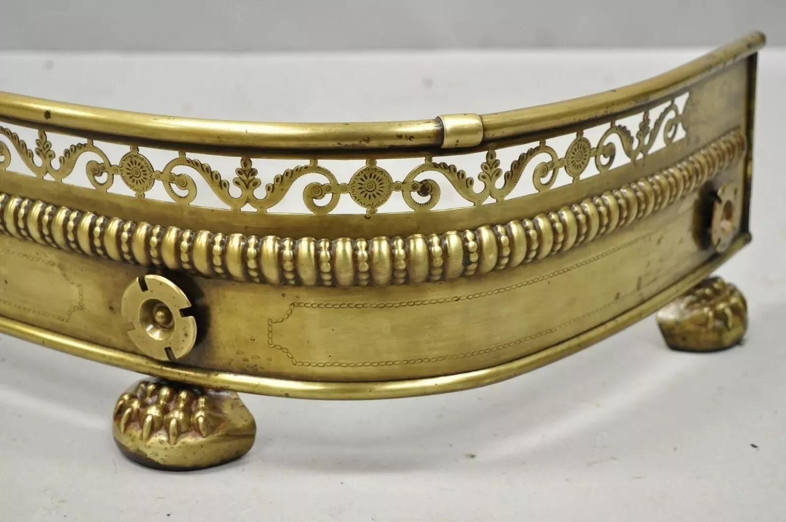 Antique French Empire Paw Foot Brass Pierced Decorated Fireplace Mantle Fender In Good Condition For Sale In Philadelphia, PA