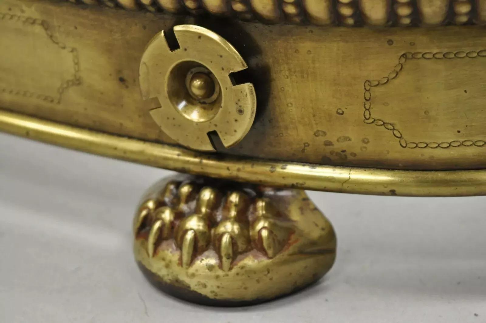 19th Century Antique French Empire Paw Foot Brass Pierced Decorated Fireplace Mantle Fender For Sale