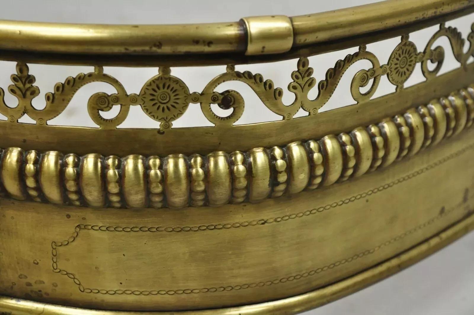 Antique French Empire Paw Foot Brass Pierced Decorated Fireplace Mantle Fender For Sale 1