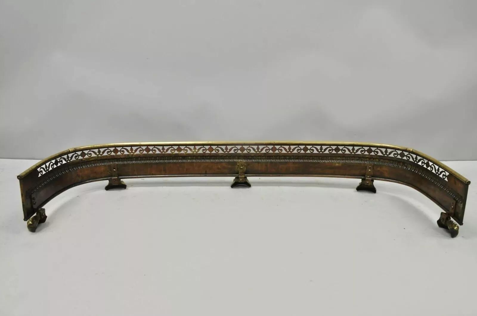 Antique French Empire Paw Foot Brass Pierced Decorated Fireplace Mantle Fender For Sale 2