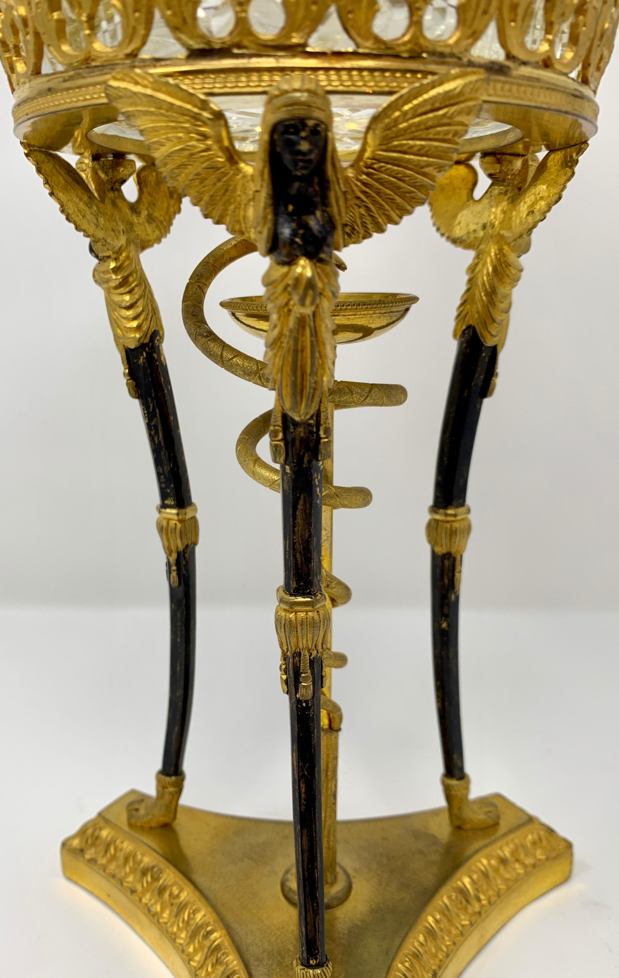 Antique French Empire Period Crystal and Ormolu Centerpiece with Figural Serpent and Sphinxes, Circa 1815-1825.