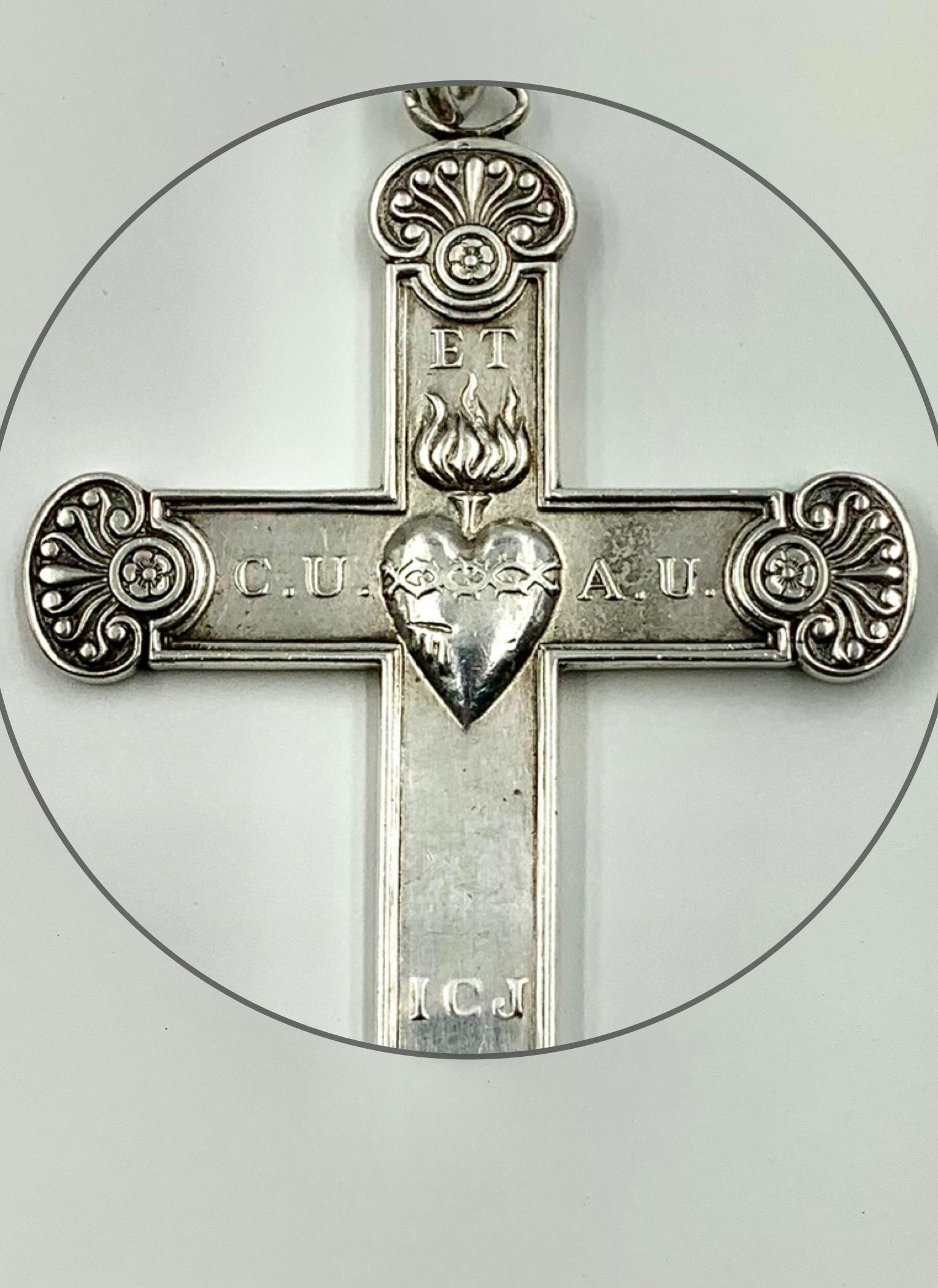 Antique French Empire Period Double Sided Sacred Heart Silver Cross For Sale 2