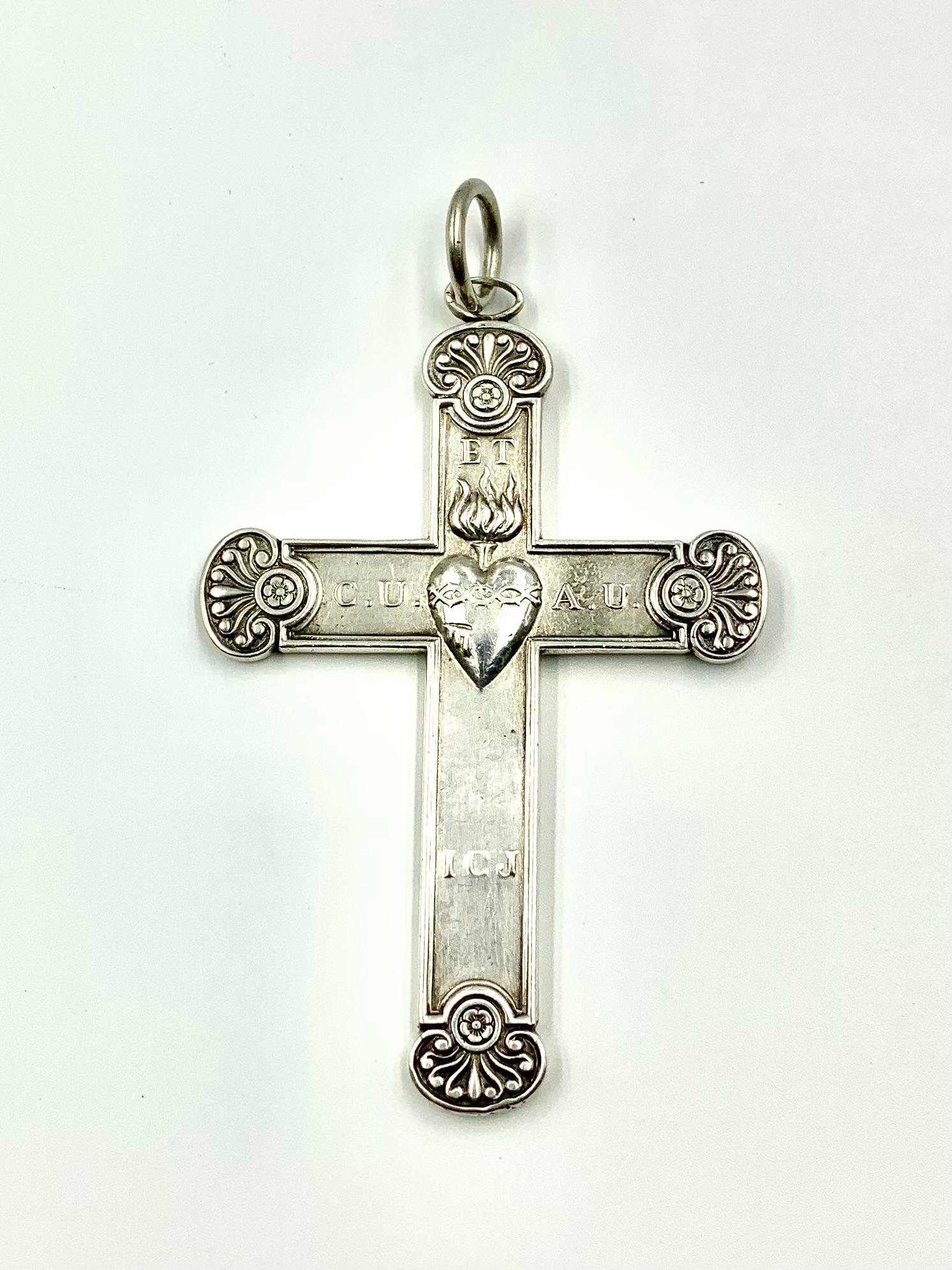 Antique French Empire Period Double Sided Sacred Heart Silver Cross For Sale 4