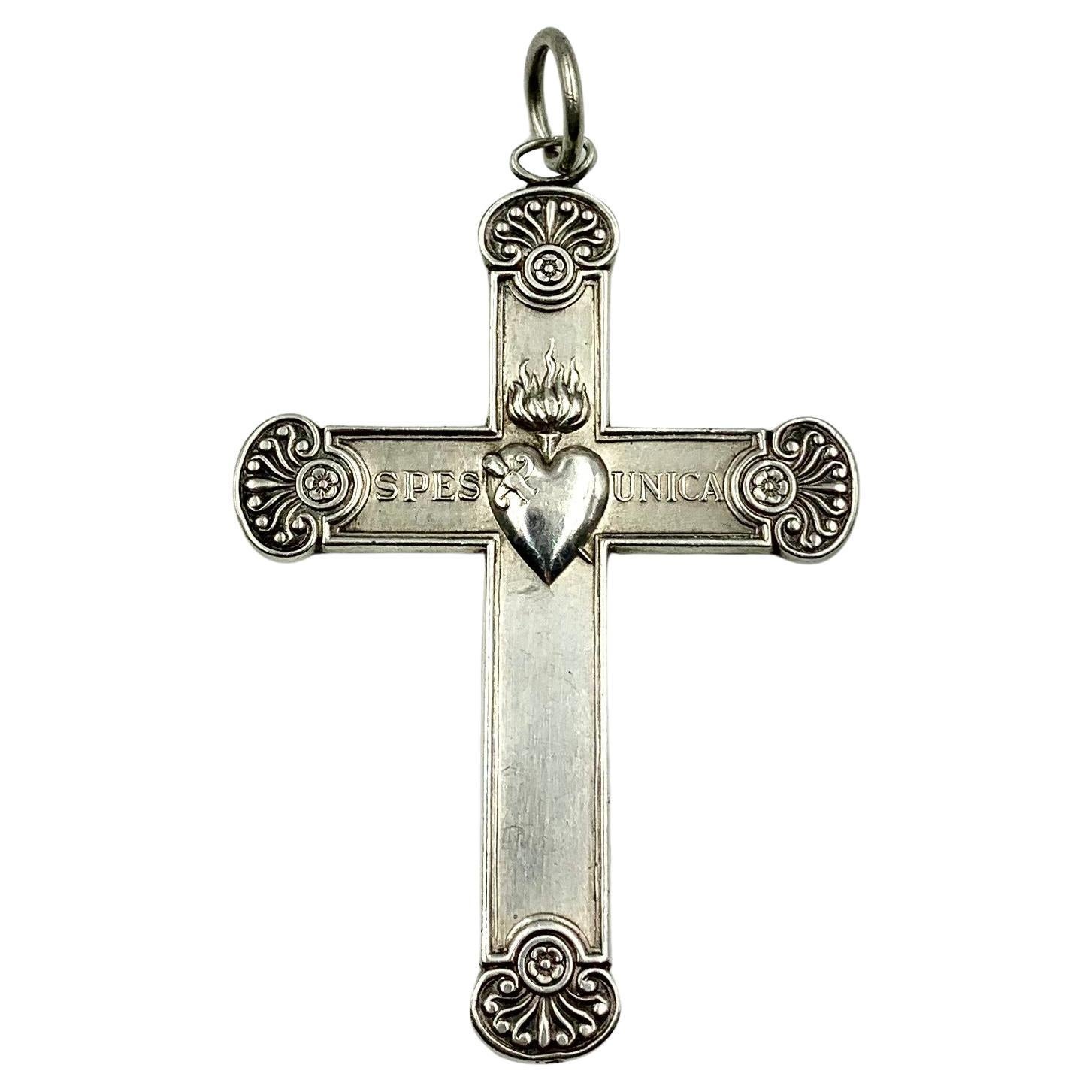 Antikes doppelseitiges Heiliges Herz-Silberkreuz aus der französischen Empire-Periode