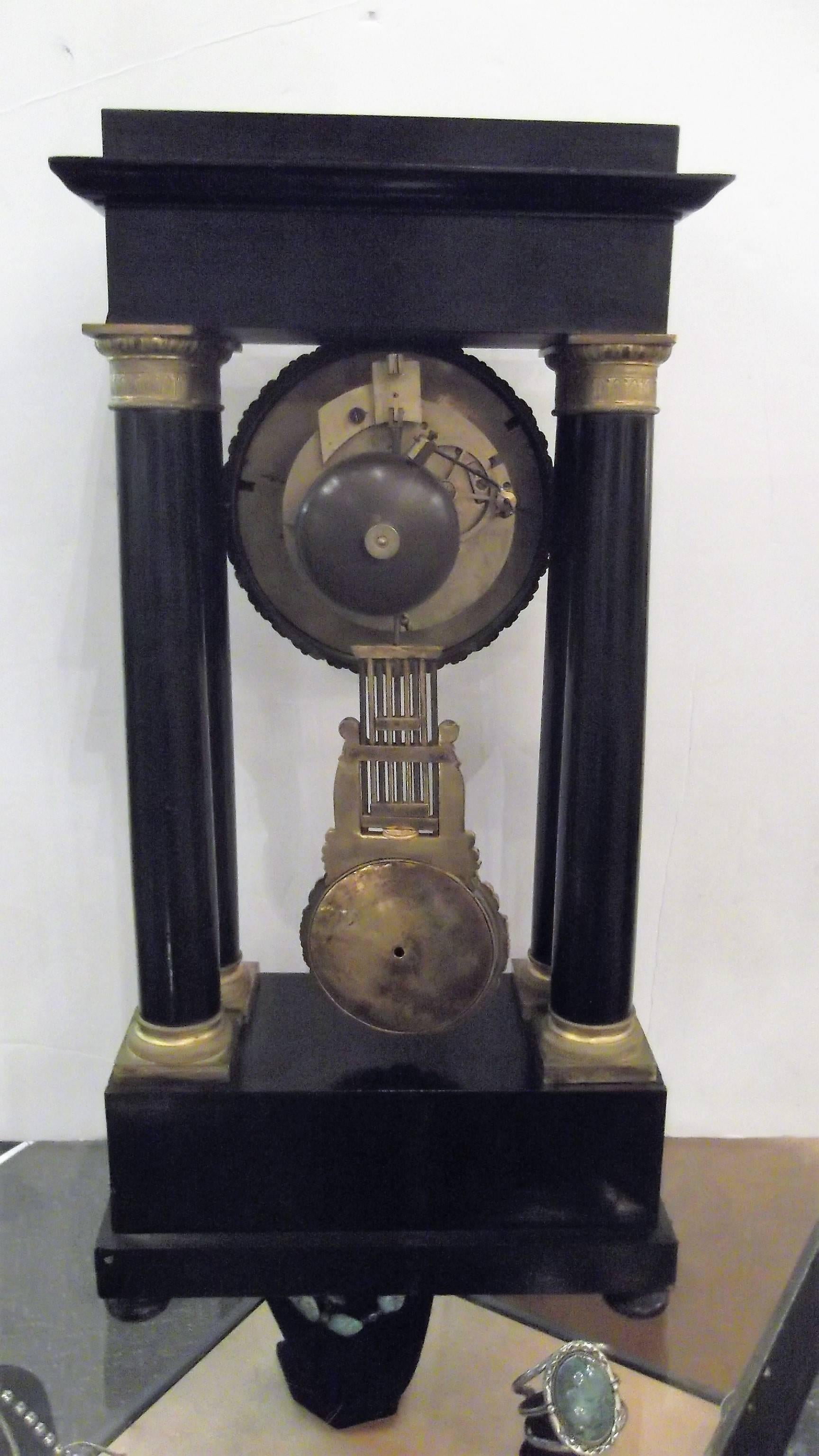 Ebonized Antique French Empire Portico Clock, circa 1820