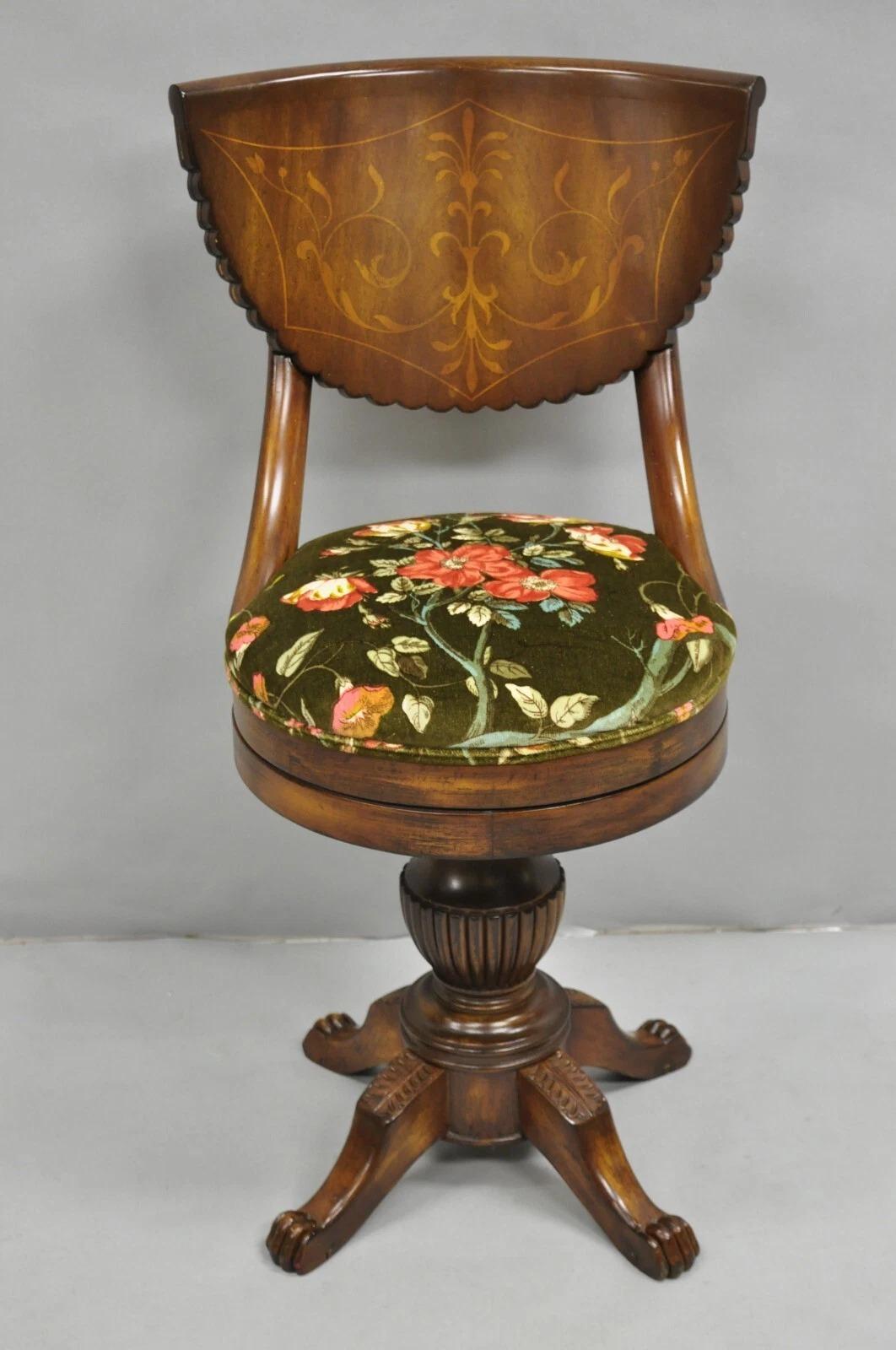 Antique French Empire Regency Inlaid Mahogany Swivel Piano Harpist Stool Chair For Sale 5
