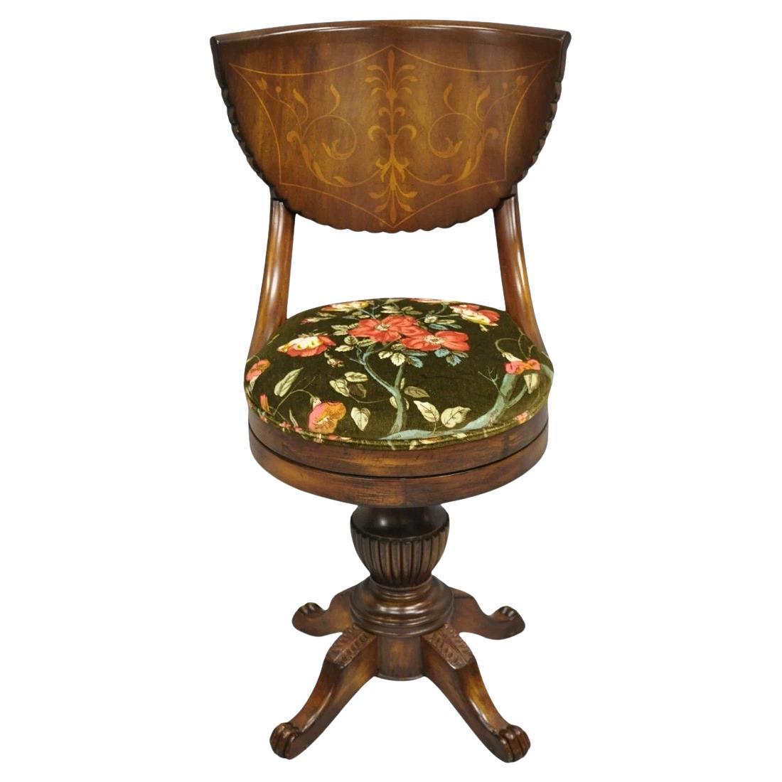 Antique French Empire Regency Inlaid Mahogany Swivel Piano Harpist Stool Chair For Sale
