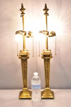 Antique French Empire Regency Rams Head Small Bronze Column Table Lamps - a Pair