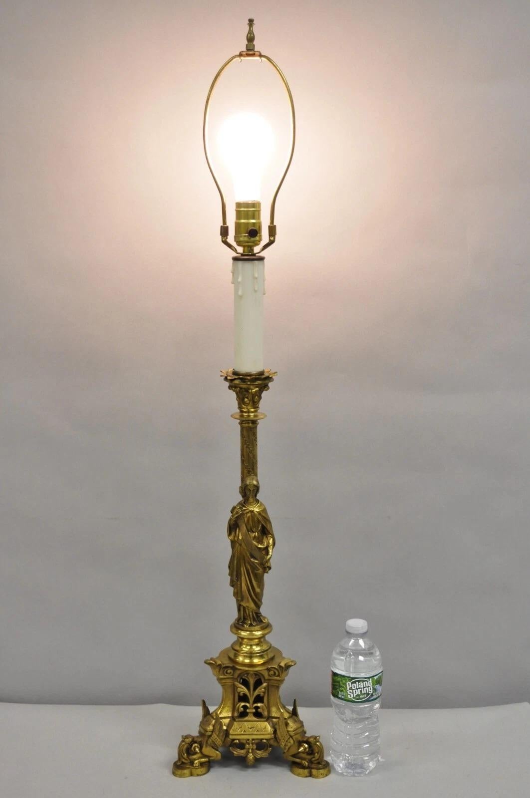 Antike französische Empire-Renaissance-Kerzenleuchter-Tischlampe, Bronze, Jungfrau im Angebot 5