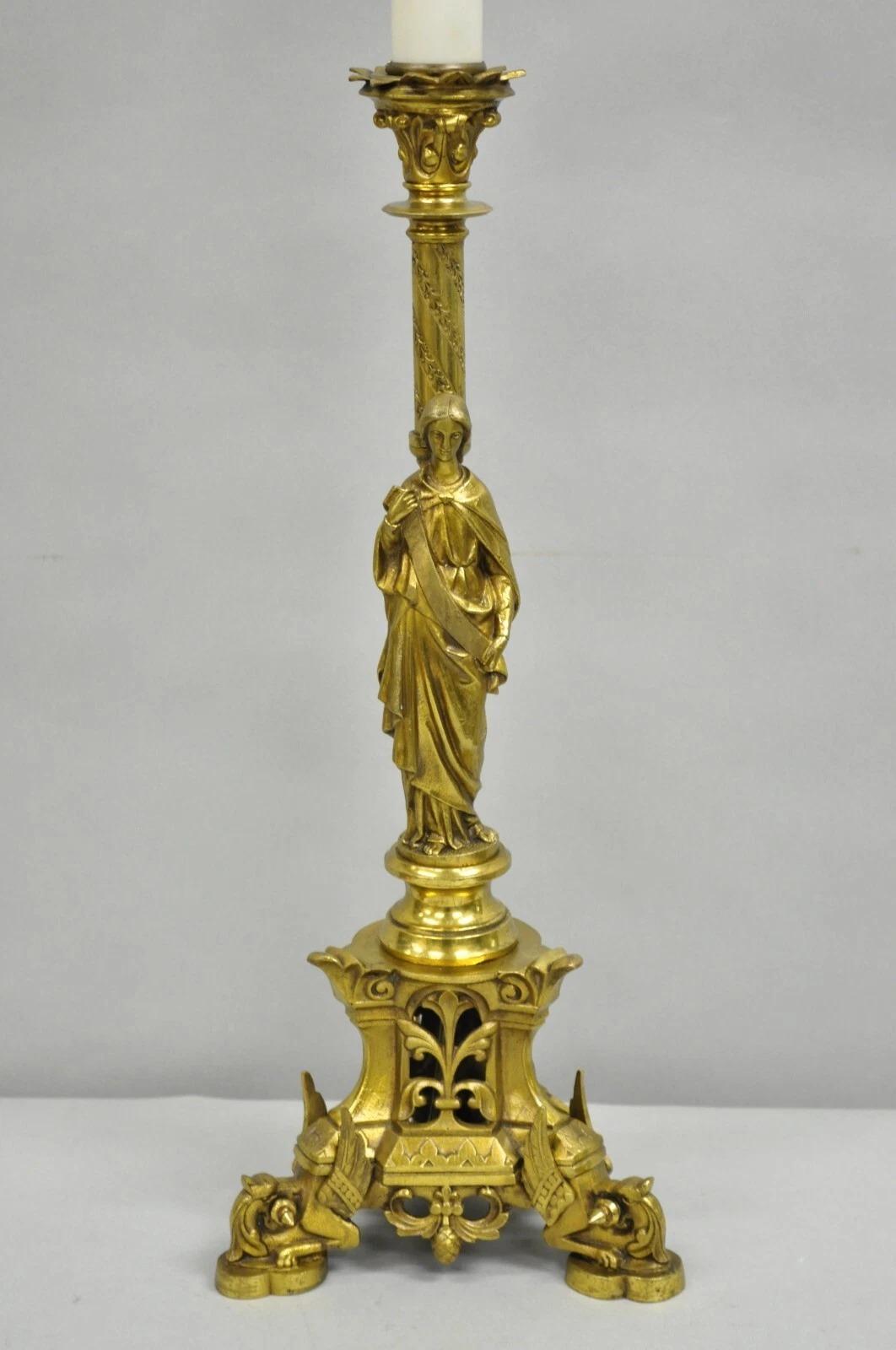 Antike französische Empire-Renaissance-Kerzenleuchter-Tischlampe, Bronze, Jungfrau im Angebot 6