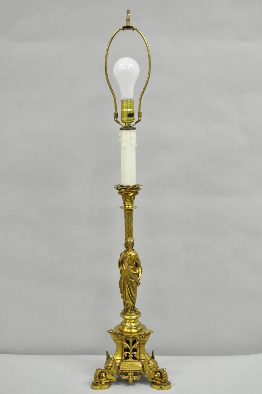 Antike französische Empire-Renaissance-Kerzenleuchter-Tischlampe, Bronze, Jungfrau im Angebot 9
