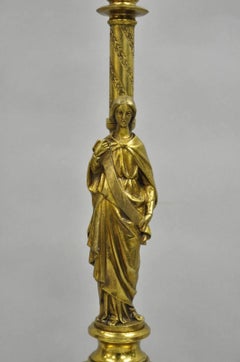 Antique French Empire Renaissance Bronze Maiden Candlestick Table Lamp