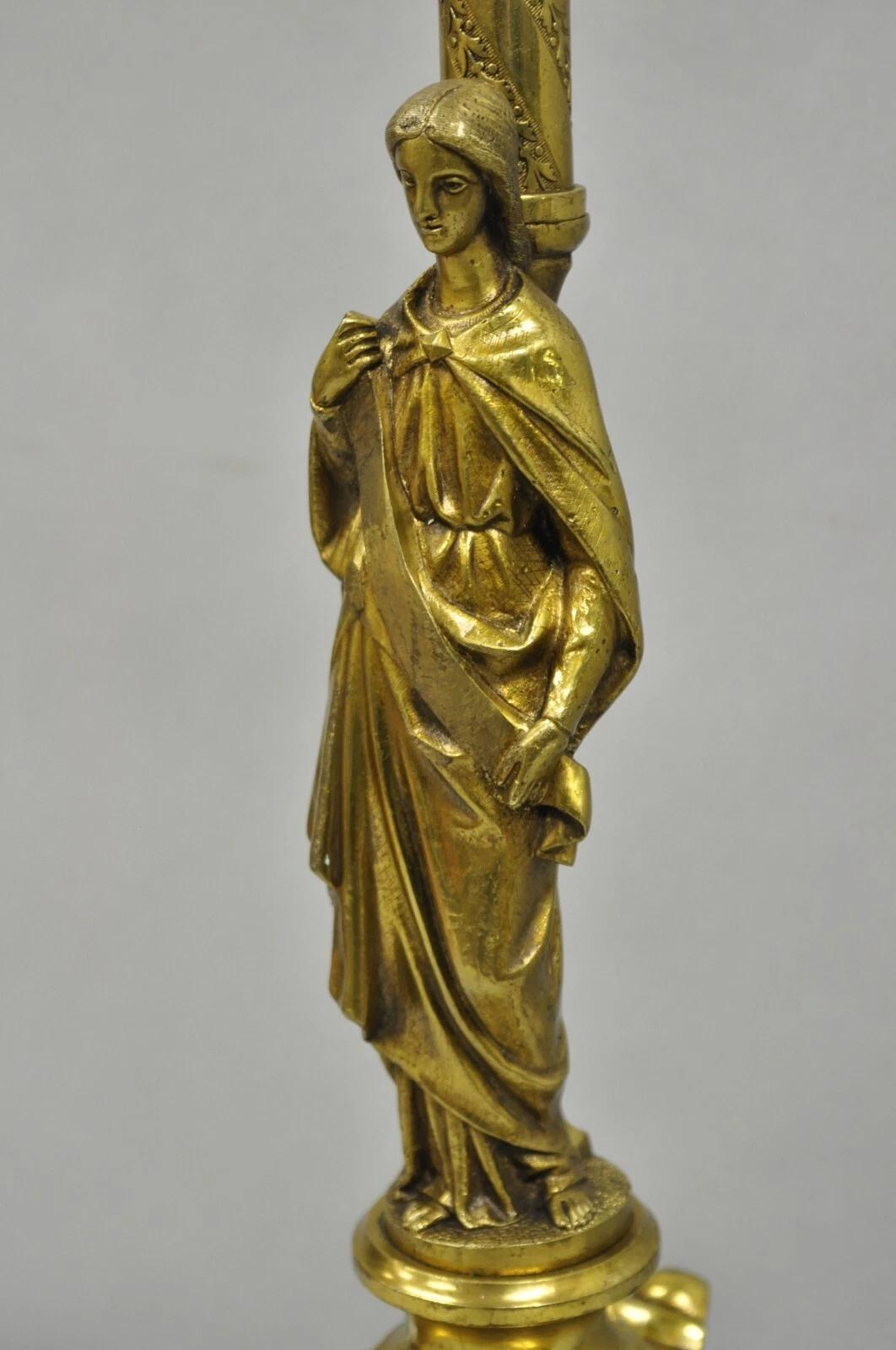 Antike französische Empire-Renaissance-Kerzenleuchter-Tischlampe, Bronze, Jungfrau im Angebot 1