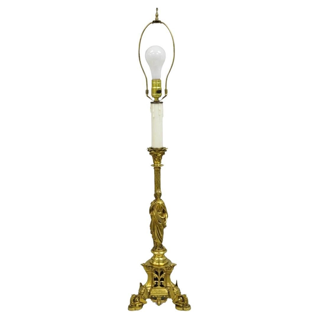 Antique French Empire Renaissance Bronze Maiden Candlestick Table Lamp
