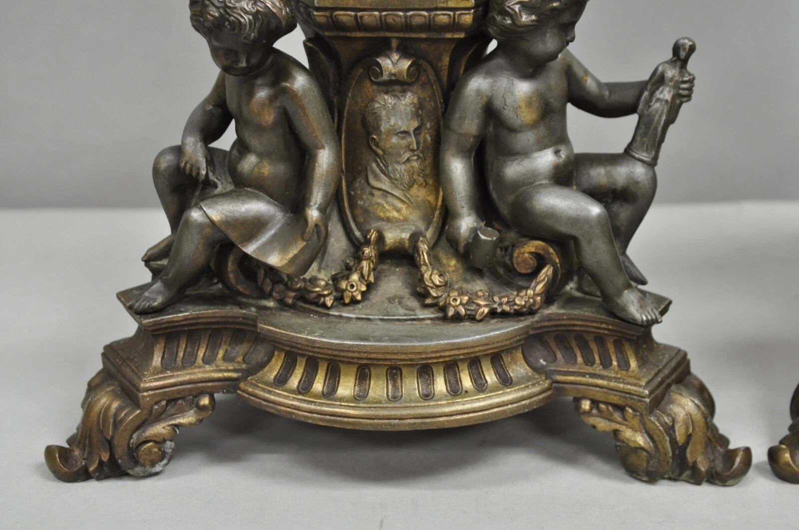 Antique French Empire Renaissance Gilt Metal & Glass Cherub Table Lamps a Pair For Sale 6