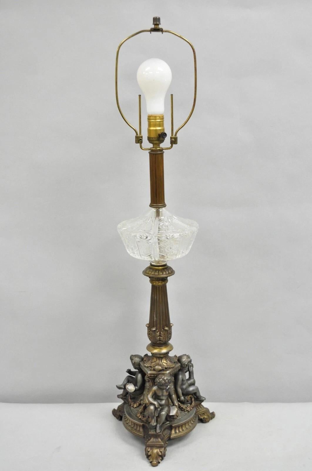 Antique French Empire Renaissance Gilt Metal & Glass Cherub Table Lamps a Pair For Sale 7
