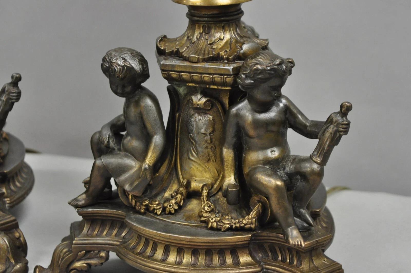 Antique French Empire Renaissance Gilt Metal & Glass Cherub Table Lamps a Pair In Good Condition For Sale In Philadelphia, PA