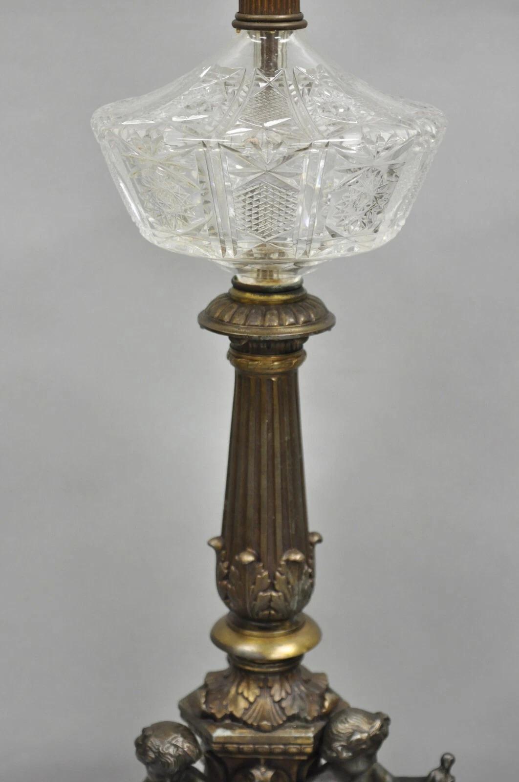 20th Century Antique French Empire Renaissance Gilt Metal & Glass Cherub Table Lamps a Pair For Sale