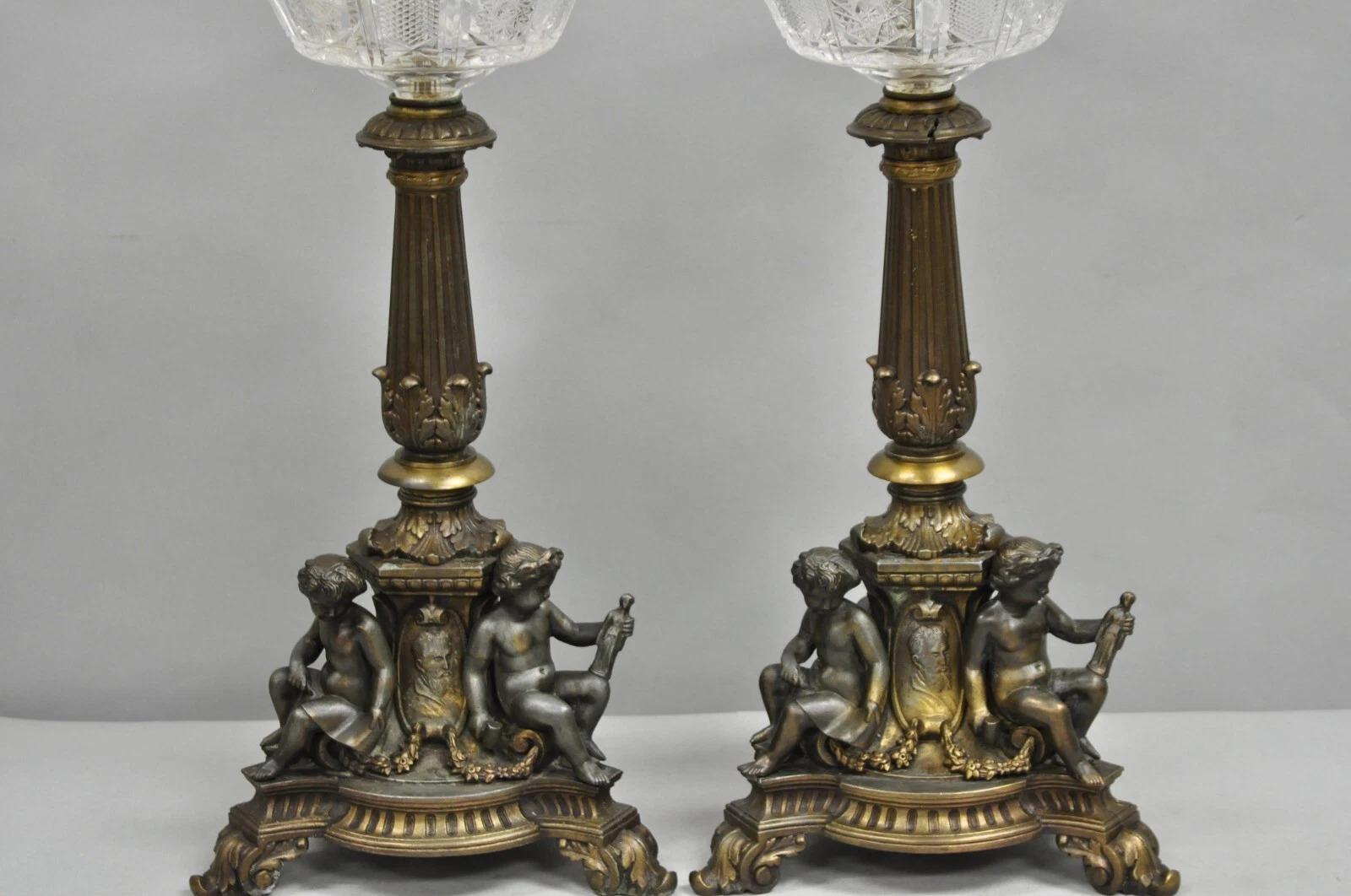 Antique French Empire Renaissance Gilt Metal & Glass Cherub Table Lamps a Pair For Sale 2