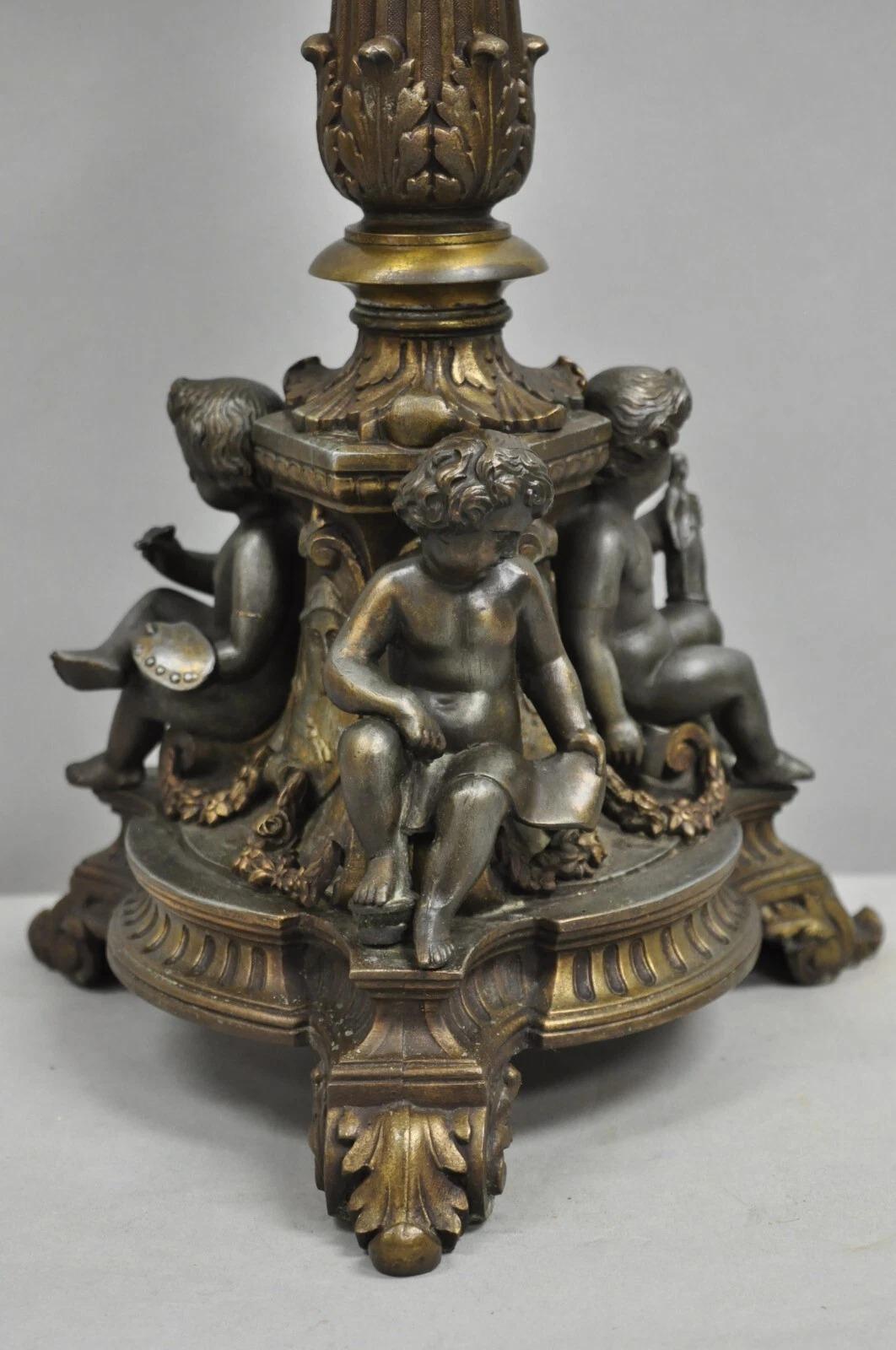 Antique French Empire Renaissance Gilt Metal & Glass Cherub Table Lamps a Pair For Sale 4