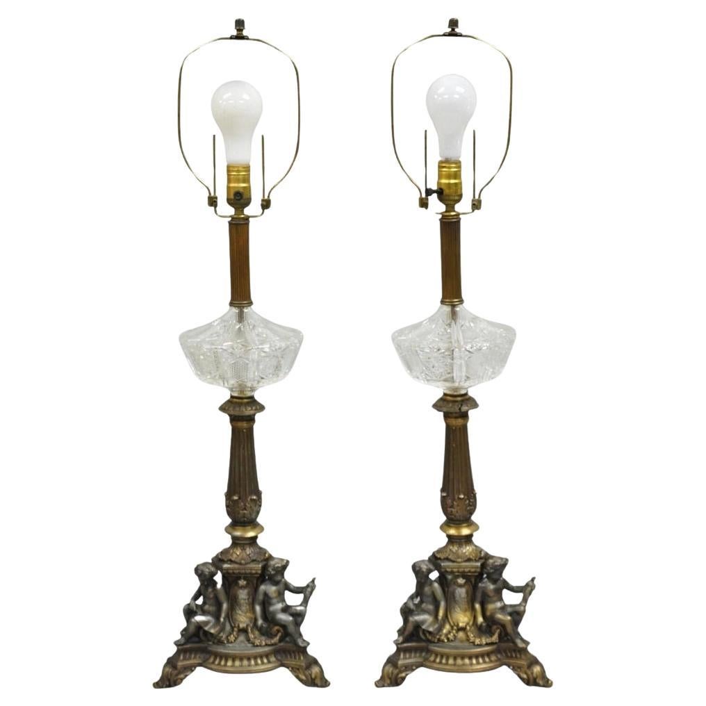 Antique French Empire Renaissance Gilt Metal & Glass Cherub Table Lamps a Pair For Sale