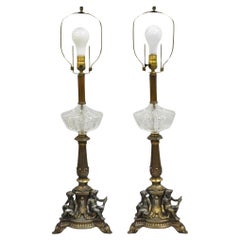 Antique French Empire Renaissance Gilt Metal & Glass Cherub Table Lamps a Pair
