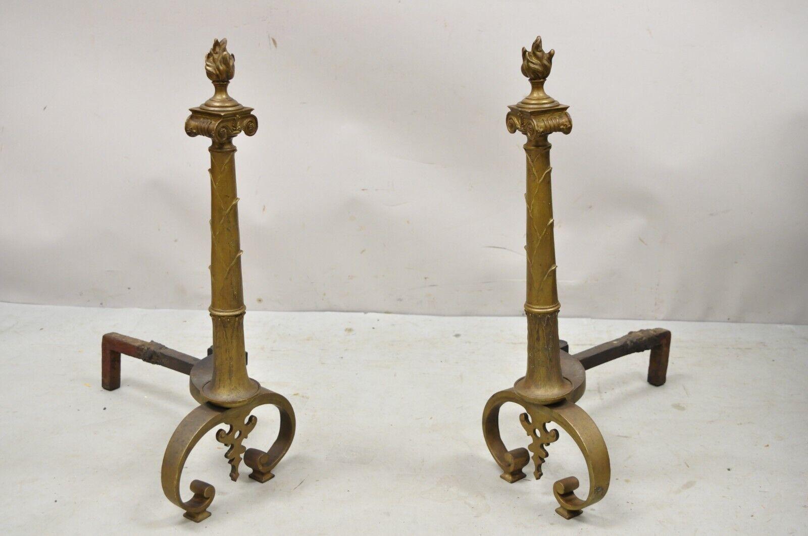 Antique French Empire Renaissance Style Torch Flame Finial Bronze Andirons Pair 4