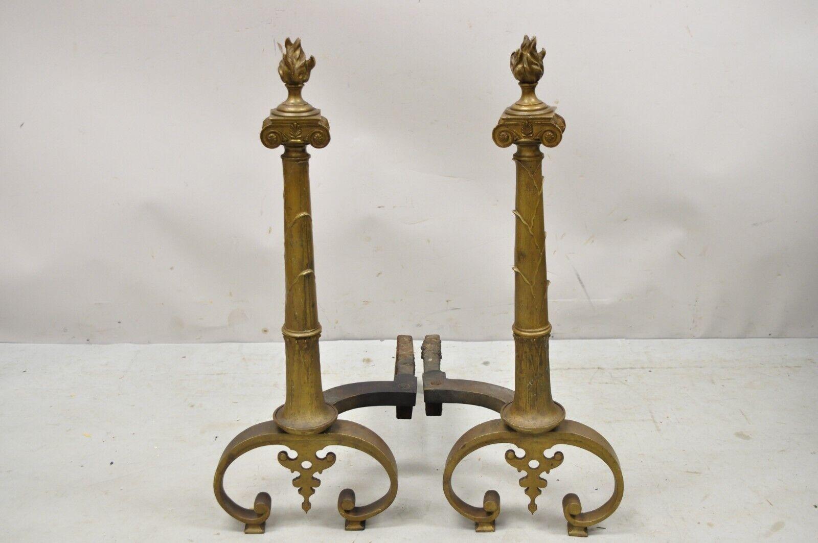 Antique French Empire Renaissance Style Torch Flame Finial Bronze Andirons Pair 5