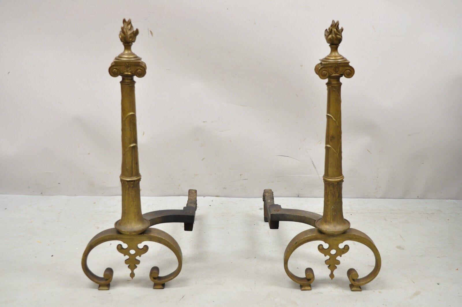 Antique French Empire Renaissance Style Torch Flame Finial Bronze Andirons - a Pair. Circa Early to Mid 1900s. Measurements: 25