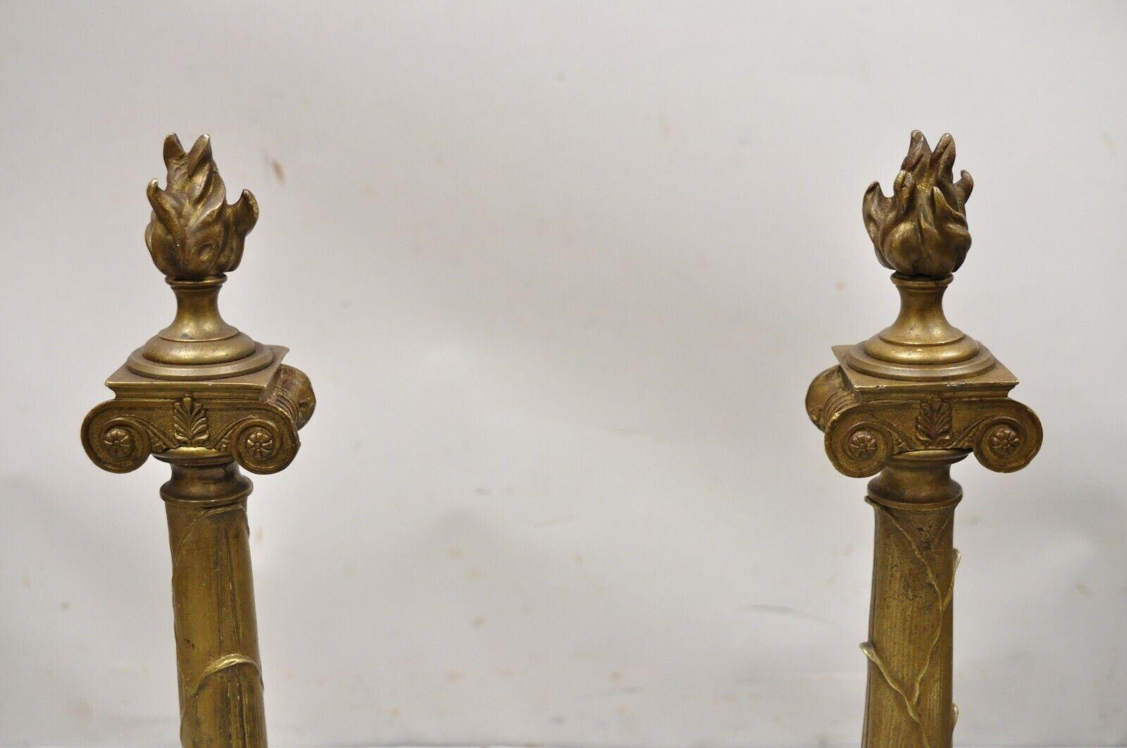 Cast Antique French Empire Renaissance Style Torch Flame Finial Bronze Andirons Pair