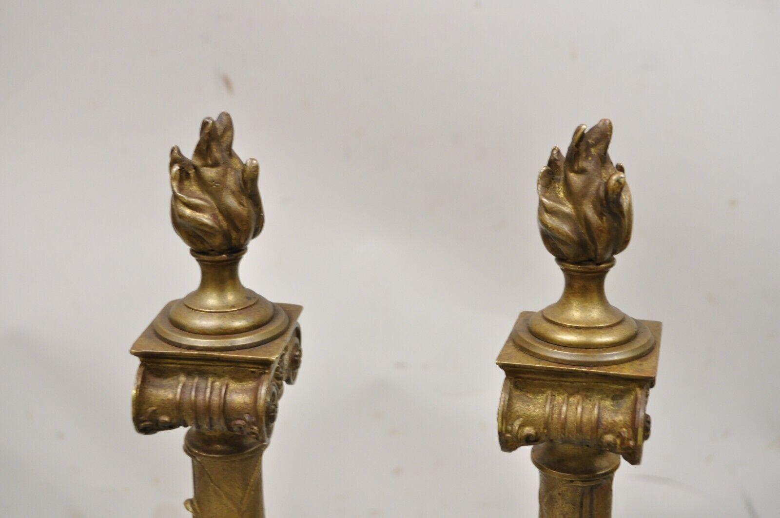 Antique French Empire Renaissance Style Torch Flame Finial Bronze Andirons Pair In Good Condition In Philadelphia, PA