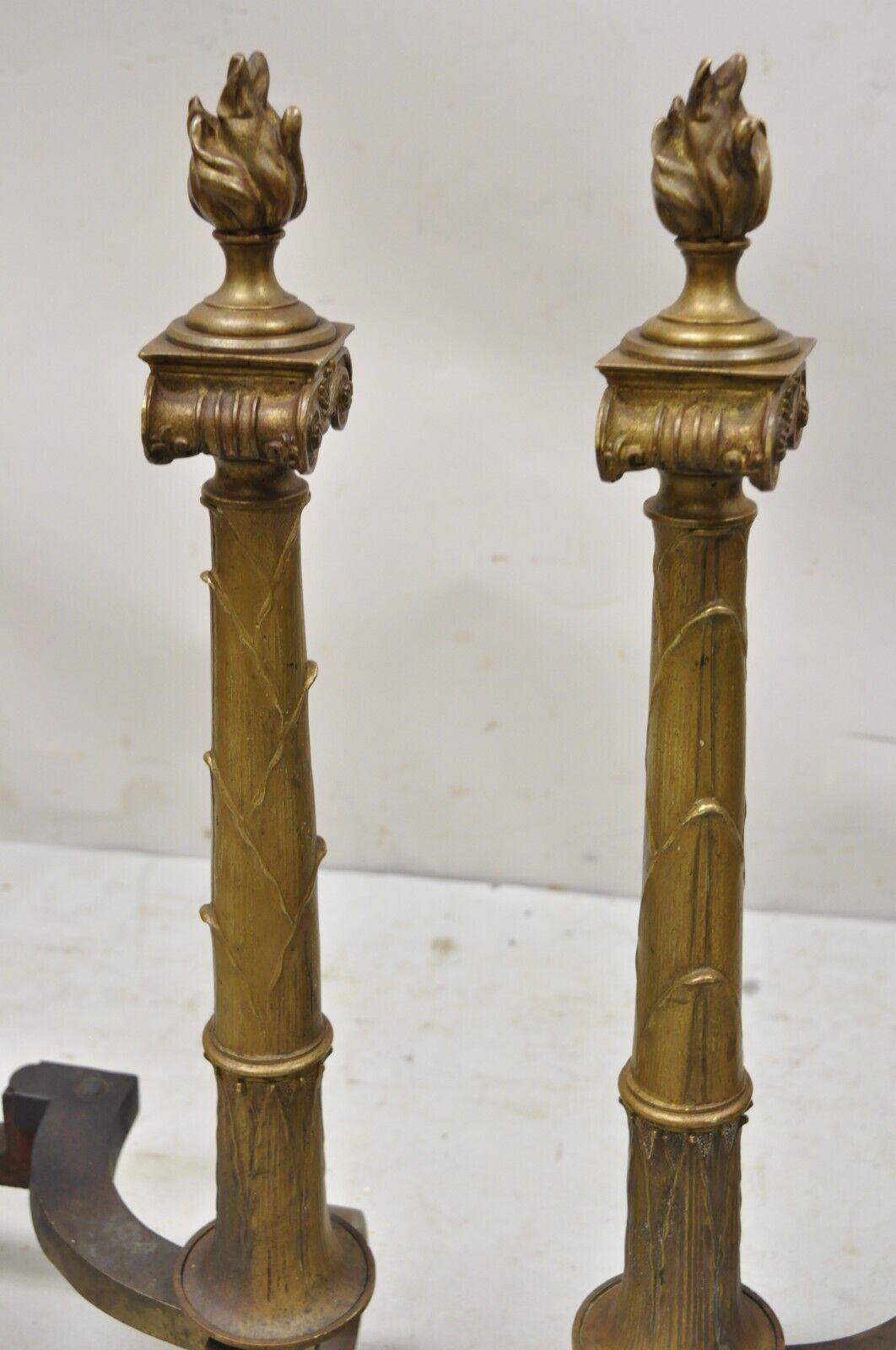 20th Century Antique French Empire Renaissance Style Torch Flame Finial Bronze Andirons Pair