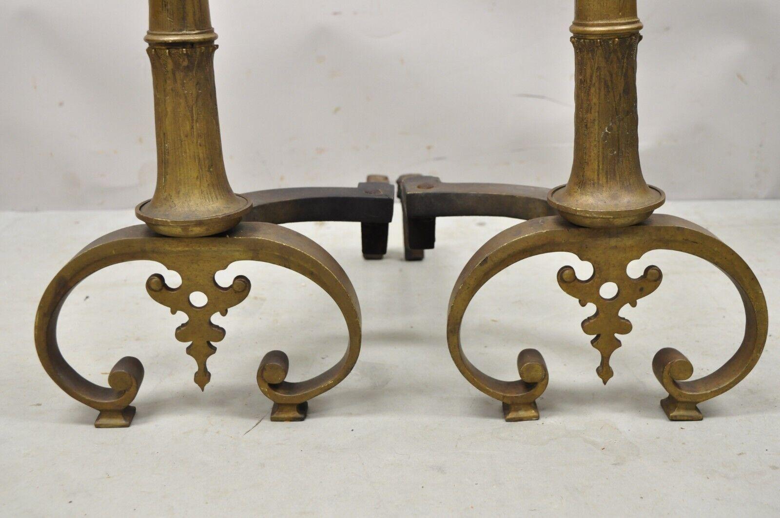 Iron Antique French Empire Renaissance Style Torch Flame Finial Bronze Andirons Pair