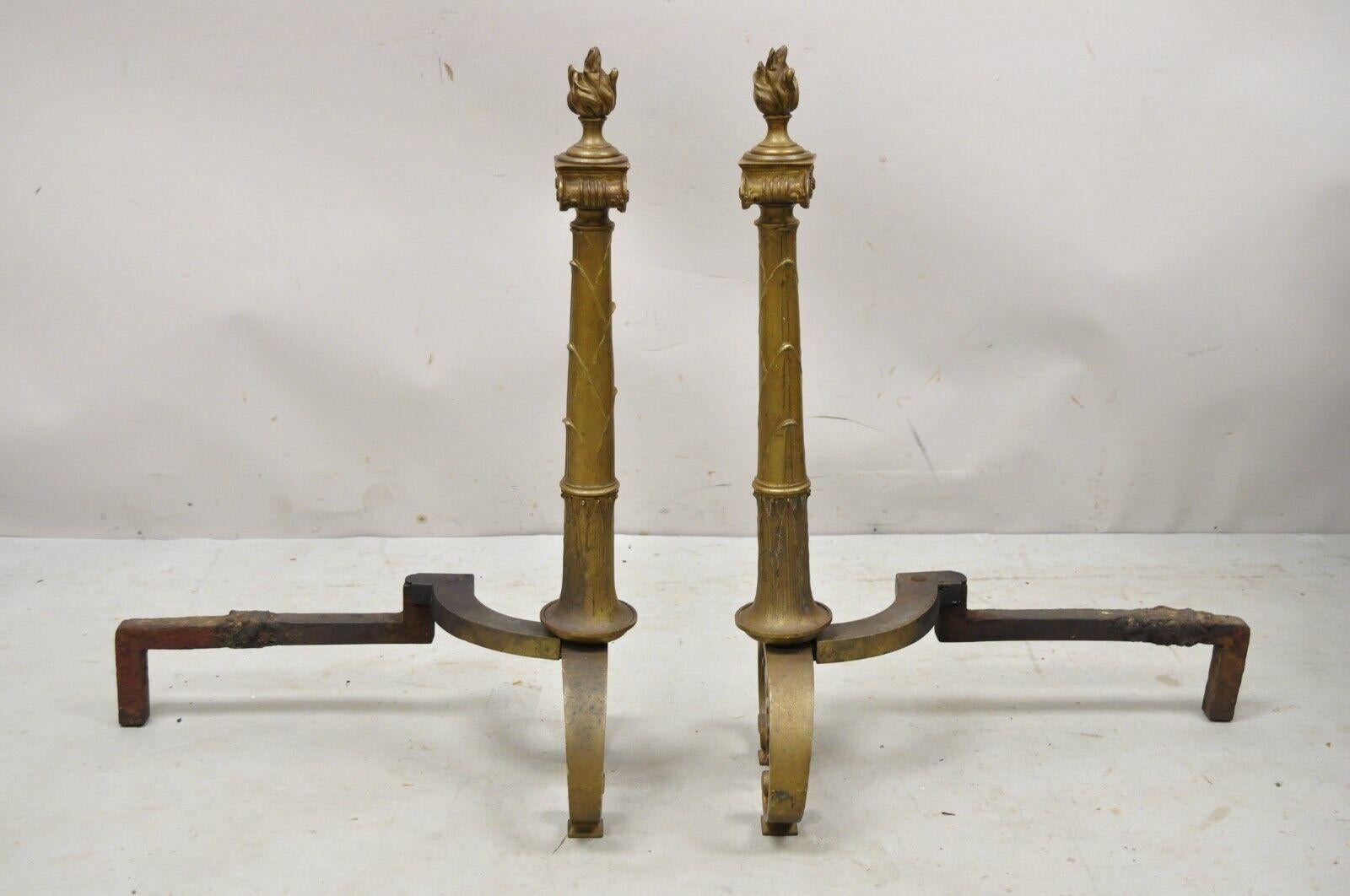 Antique French Empire Renaissance Style Torch Flame Finial Bronze Andirons Pair 2
