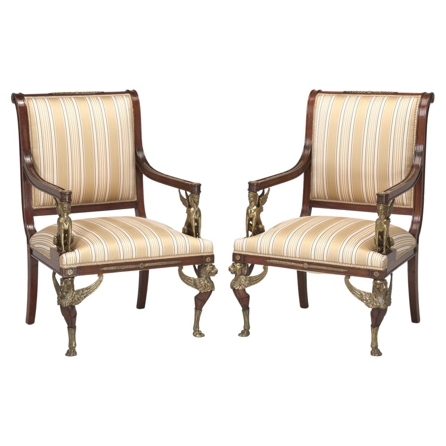 Antique French Empire Revival Arm Chairs Mahogany with Exceptional Quality c1840