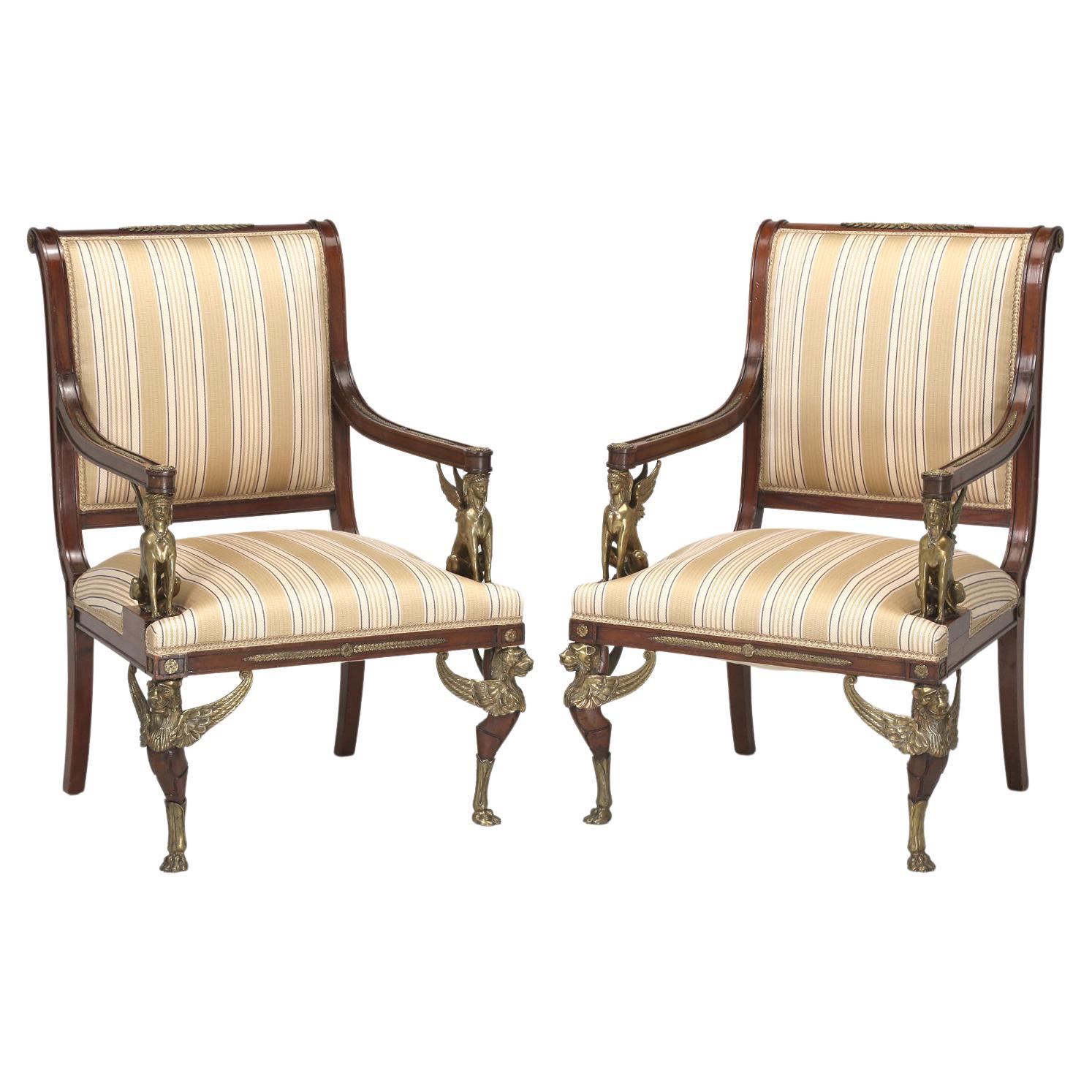 Antique French Empire Revival Arm Chairs Mahogany with Exceptional Quality c1840 For Sale