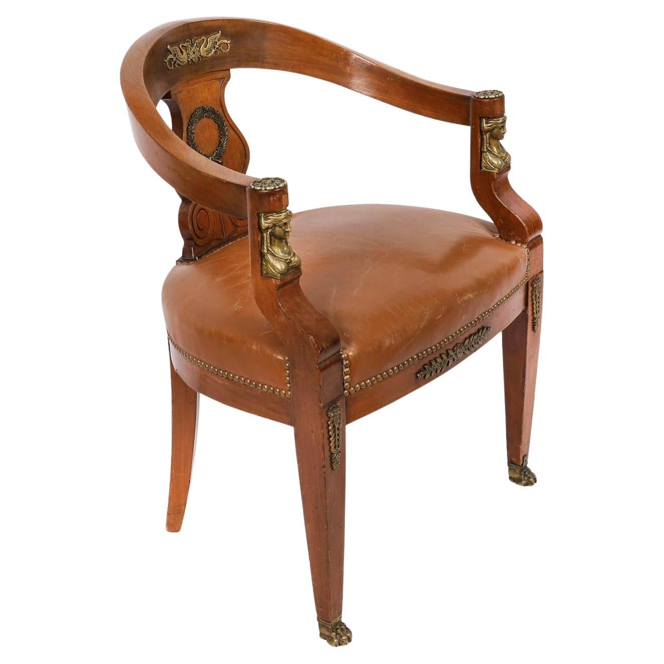 Antique French Empire Revival Mahogany & Ormolu Mounted Armchair 19th Century