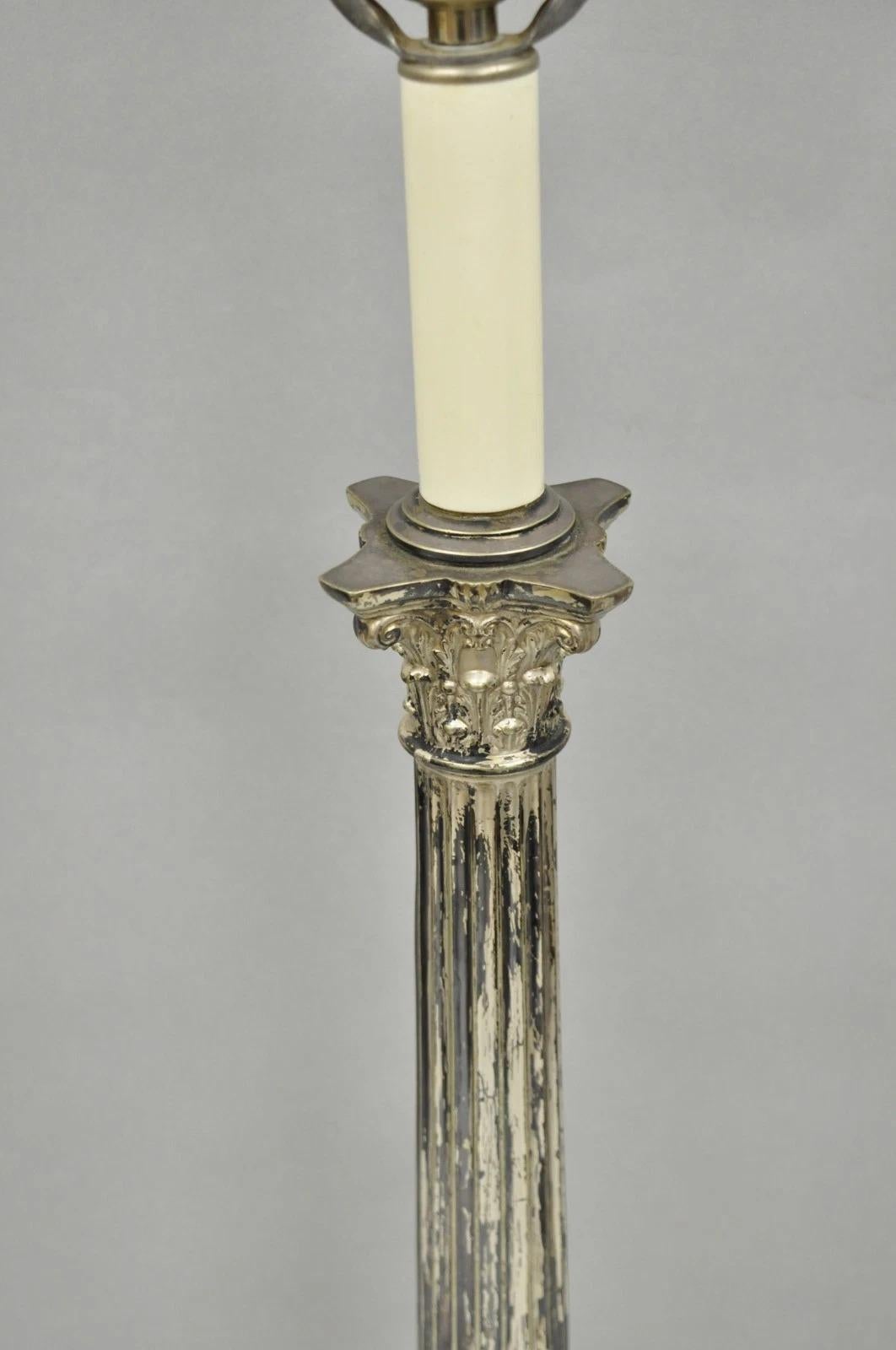 Antique French Empire Silver Plated Corinthian Column Candlestick Table Lamp For Sale 6